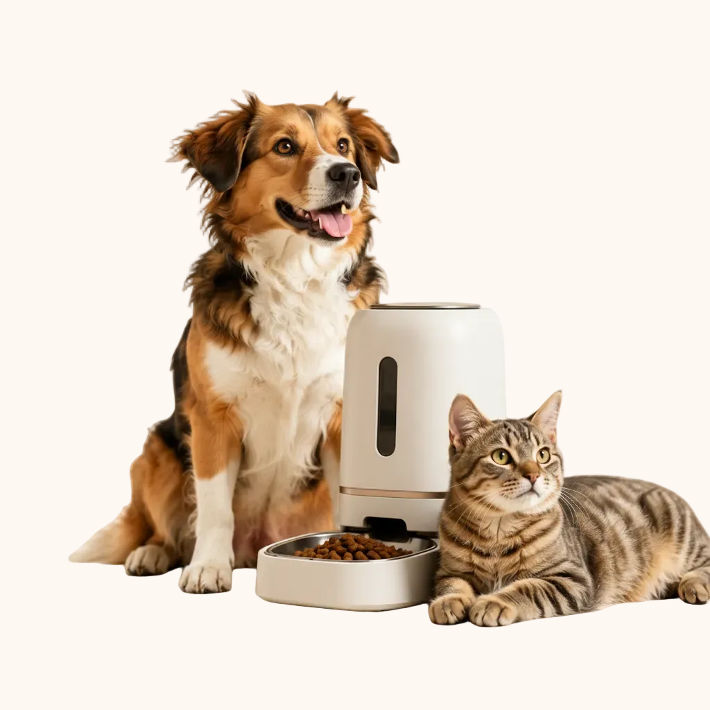 Cane e gatto vicino a una mangiatoia automatica con crocchette