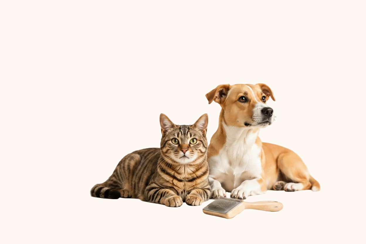 Gatto e cane a pelo corto con spazzola per la cura del pelo