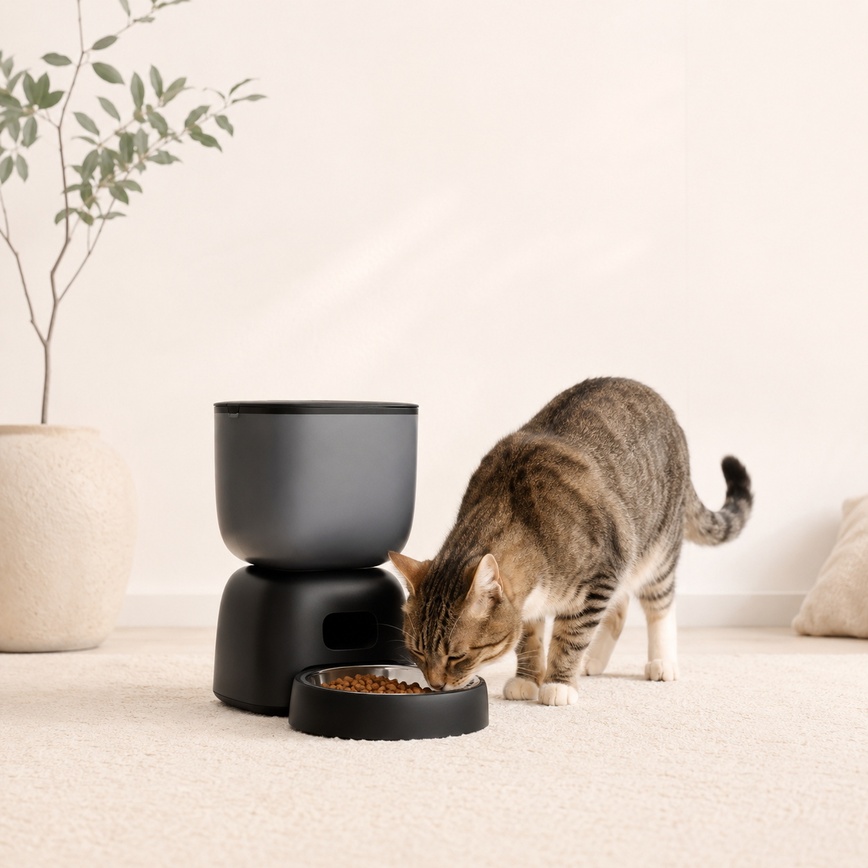 Gatto che mangia crocchette da una mangiatoia automatica per cani e gatti