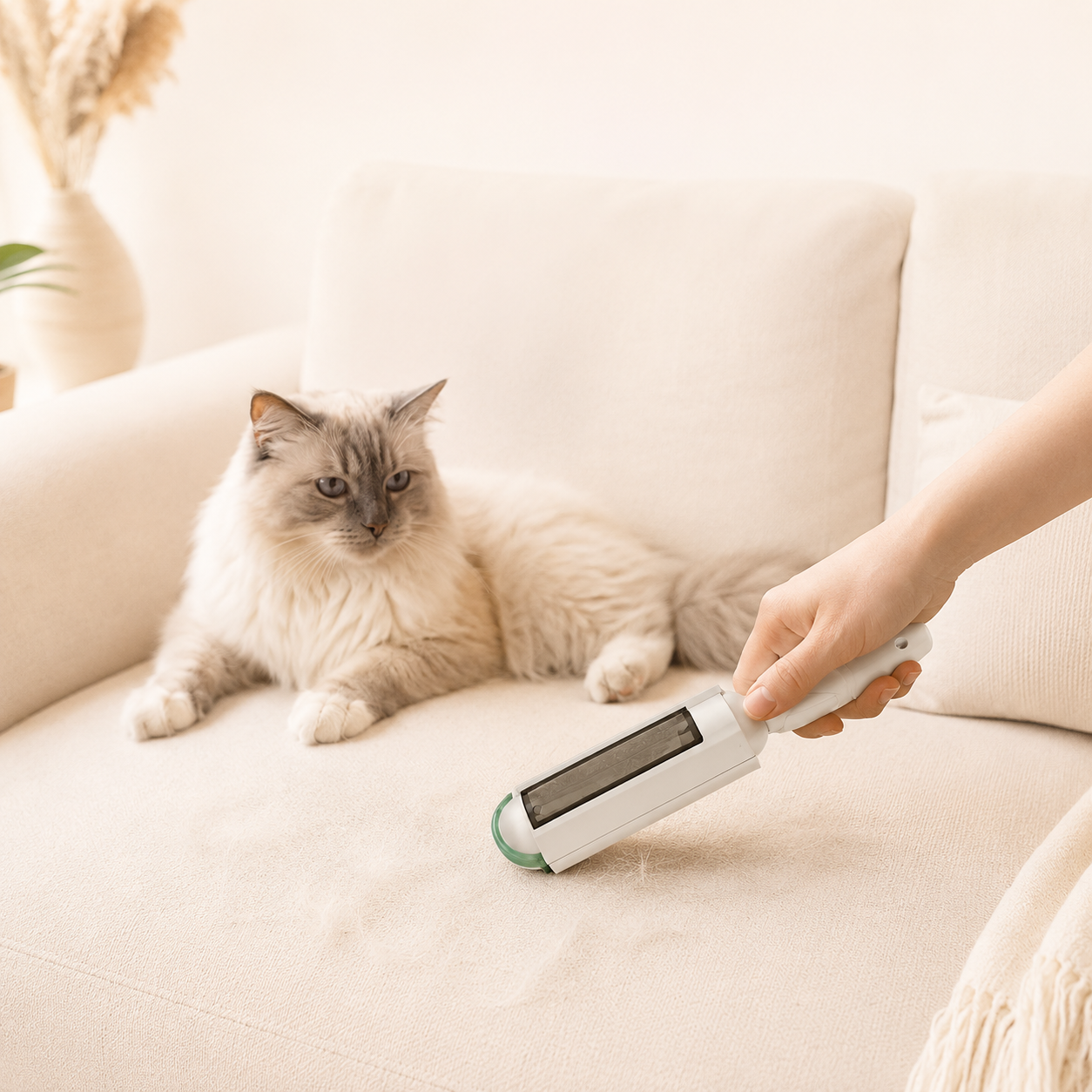 Gatto sdraiato sul divano mentre un rullo levapeli riutilizzabile rimuove i peli dai tessuti