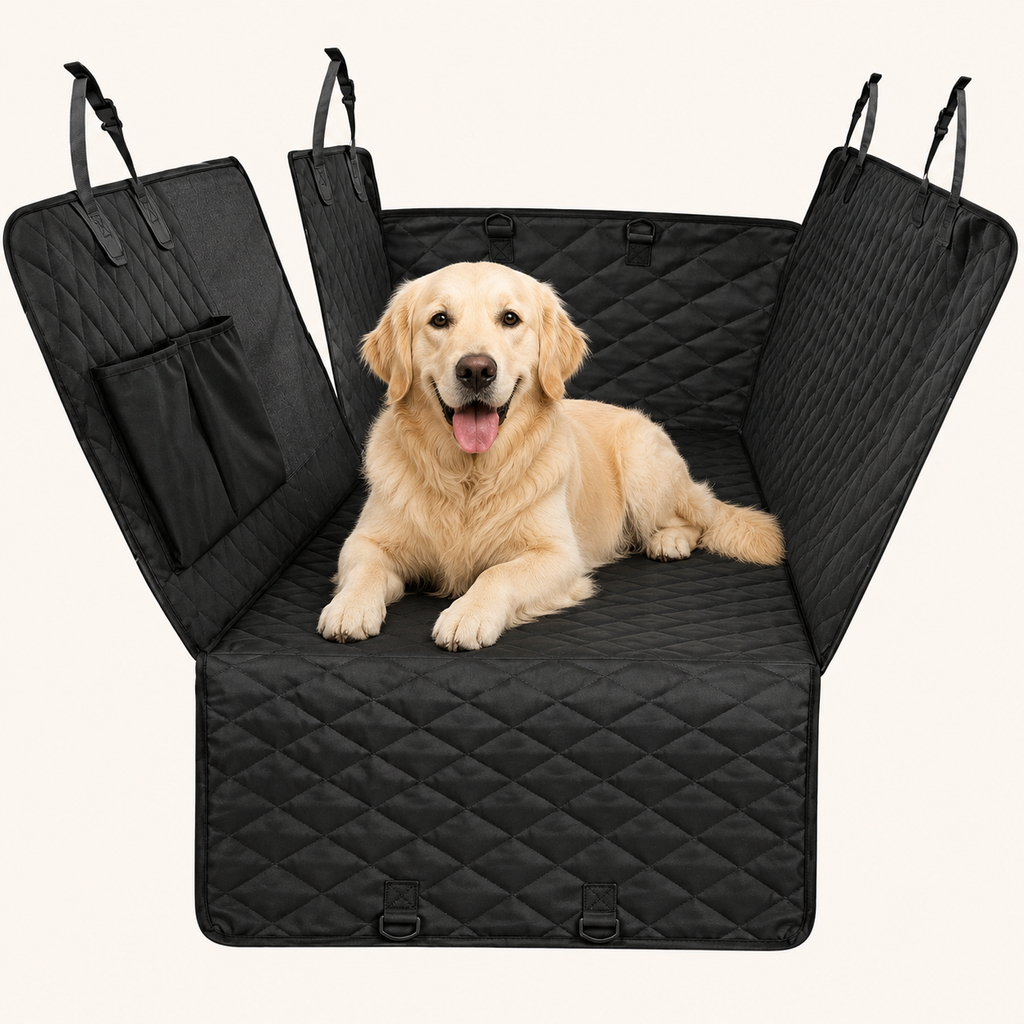 Golden Retriever sdraiato su coprisedile auto nero impermeabile con protezioni laterali