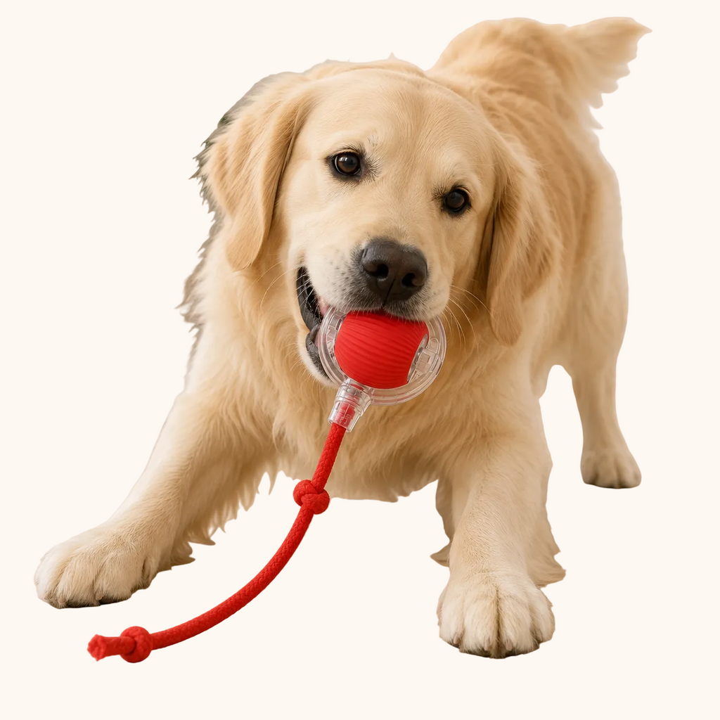 Golden Retriever mentre morde una palla interattiva rossa con corda per cani