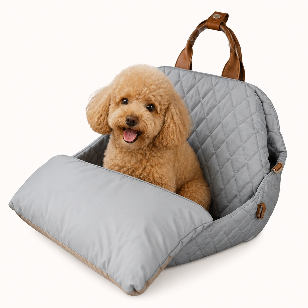 Trasportino pieghevole grigio con all'interno un cane 