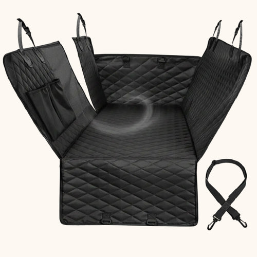 Coprisedile per cani nero ZampyAdventure, resistente e confortevole, ideale per proteggere l’interno dell’auto durante i viaggi con il tuo cane